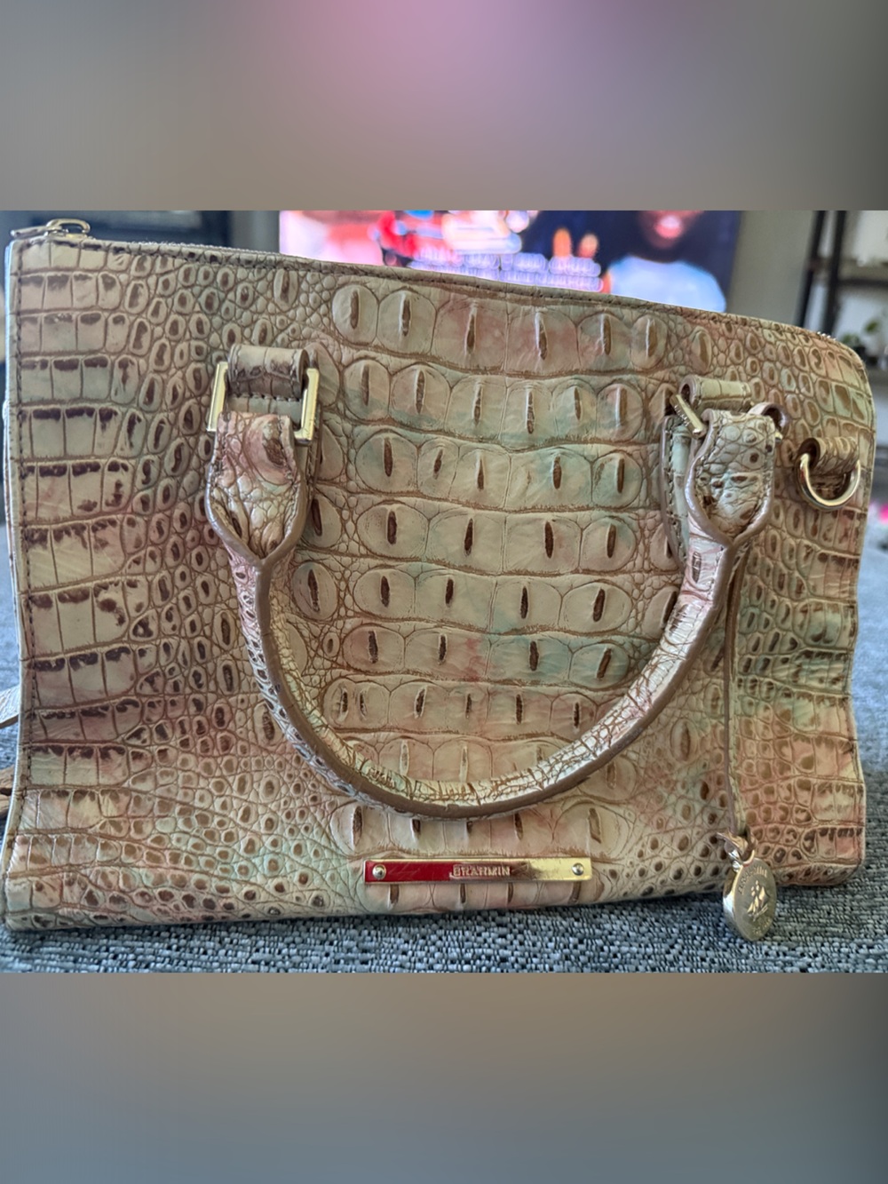 Brahmin Croc-Embossed Satchel in Blush and Cream